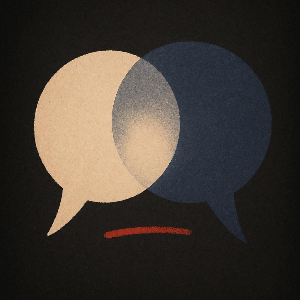 Two overlapping translucent speech forms meeting in a brighter shared lens, marked in red pencil.