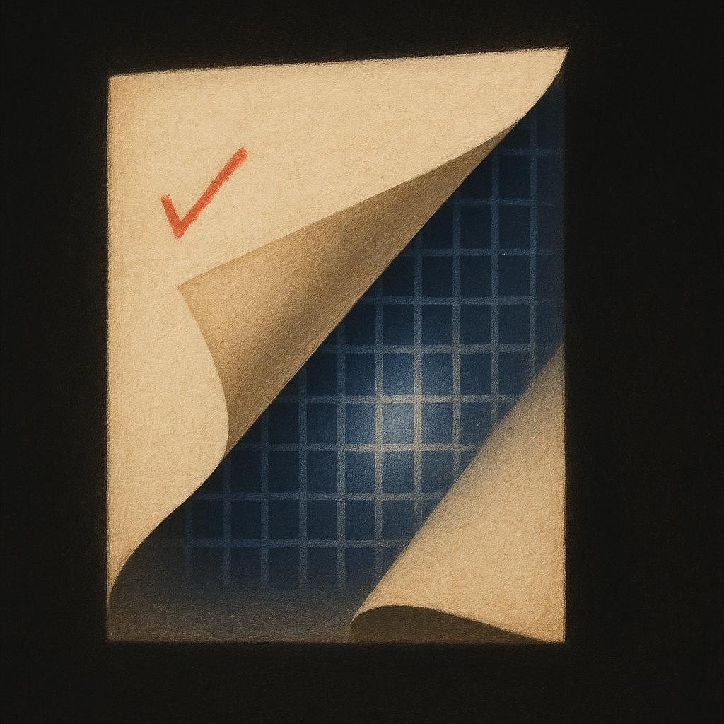 A folded sheet of paper unfolding to reveal ordered structure and light within, a red-pencil mark at the fold.