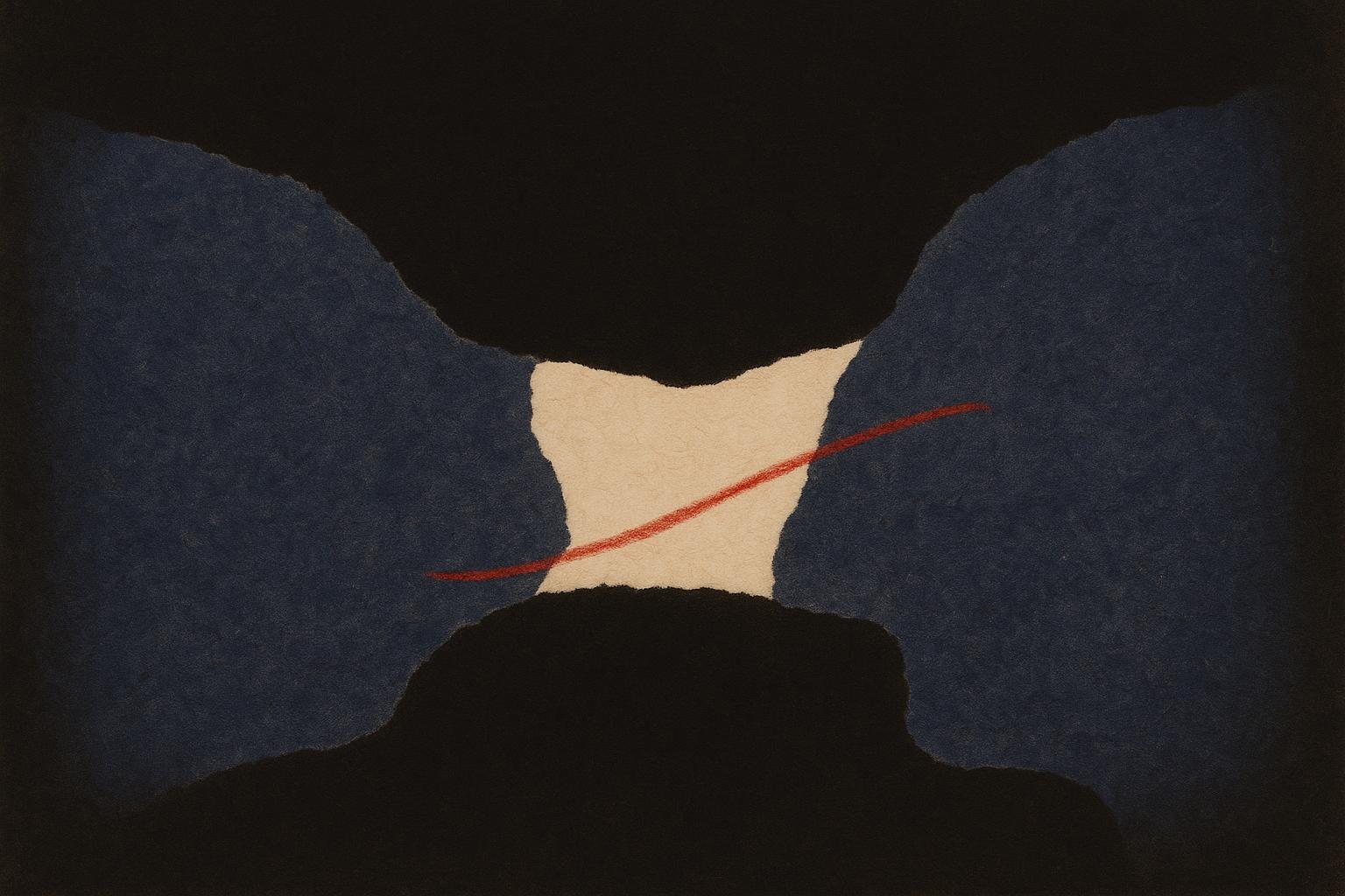 Two textured shores reach toward each other across a dark field and meet at a bridge of common ground, a single red-pencil line drawn across the meeting point.